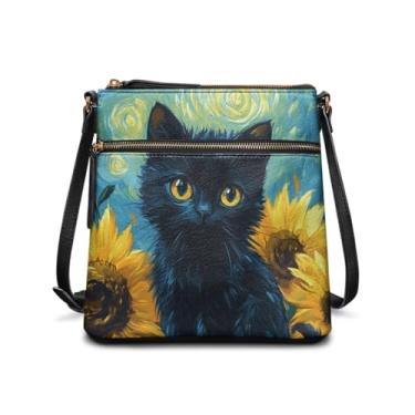 Imagem de HUGS IDEA Bolsa tiracolo feminina de couro, bolsa tiracolo grande, Hobo, bolsa para celular, Girassol gato preto, 10.43” L x 4.33" W x 9.45” H