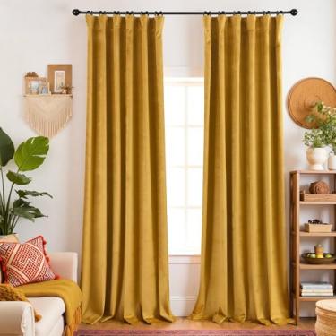 Imagem de Cortinas de veludo amarelo mostarda 96 polegadas de comprimento conjunto de 2 painéis blackout, gancho traseiro cortina moderna meados do século, blackout plissado MCM vintage boho cortinas ecléticas