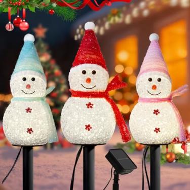 Imagem de Homemory Decoração externa solar de caminho de Natal, conjunto de 3 luzes de LED de boneco de neve, luzes de paisagem de passarela à prova d'água para quintal de inverno, jardim, decorações solares de