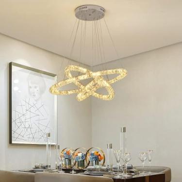Imagem de Lustre de cristal Sala de jantar Regulável Redondo Pendente Luz Compatível com Sala de estar Lâmpada de teto de aço inoxidável, Decoração moderna