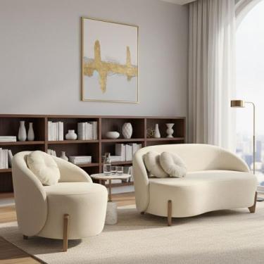 Imagem de Conjunto 01 Poltrona + Sofá Curvo Orgânico Amsterdã Bouclê Off White -