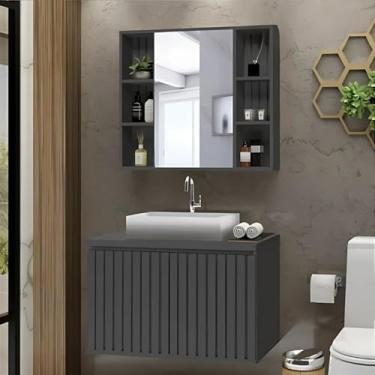 Imagem de Conjunto Gabinete Banheiro Ripado 80cm C/Cuba e Espelheira (Grafite)