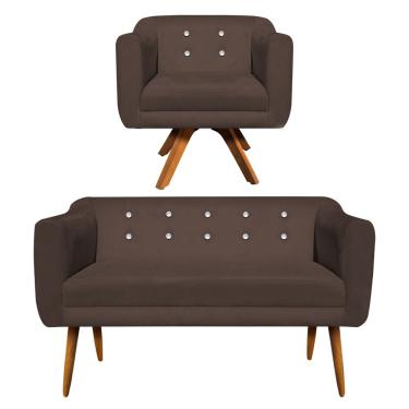 Imagem de Kit 01 Namoradeira 02 Lugares e 01 Poltrona Giratória Julia Suede Marrom com Strass Base Madeira MM30 D'Rossi