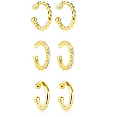 Imagem de POXTEX Brincos de orelha banhados a ouro 14K sem dor e antiderrapantes para mulheres, não perfurados, zircônia cúbica redonda delicada e grossa, conjunto de brincos de cartilagem com clipe à prova d'água para presentes femininos, Ouro amarelo, Zircônia cúbica