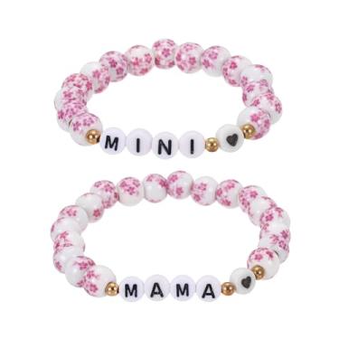 Imagem de PATIKIL Conjunto de pulseiras de contas mãe e filha, 2 peças MAMA e MINI com elos de coração combinando pulseira de porcelana azul e branca feita à mão com cordão elástico com bolsa para presente de