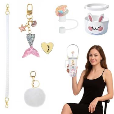 Imagem de Emotionlin Conjunto de acessórios de copo branco 7 peças – alça de alça, bota de silicone, capa de palha, berloques acessórios universais para garrafa de água e acessórios de copo para Stanley Cup