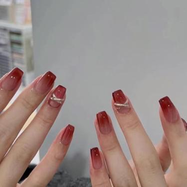 Imagem de Kit de unhas de pressão quadrado médio ombré vermelho falso cola em unhas com design simples cobertura completa bastão falso artificial em unha de acrílico para mulheres 24 peças