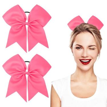 Imagem de Laços de torcida de 20 cm (2 peças), laço de torcida para líder de torcida, laços grandes de líder de torcida, laço rosa de líder de torcida com faixa elástica de suporte de rabo de cavalo