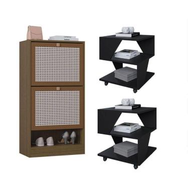 Imagem de Kit Sapateira 2 Portas E 2 Mesas De Cabeceira/centro Poquema Preto/carvalho