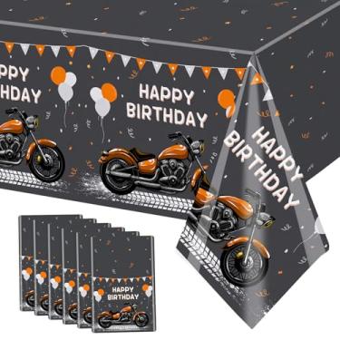 Imagem de MEHOFOND 6 peças de toalha de mesa de plástico de aniversário de motocicleta, preto e laranja, capa de mesa descartável, feliz aniversário, corrida de motocross, decoração de festa de aniversário para
