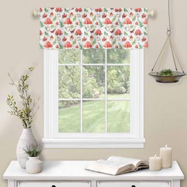 Imagem de Cortina de cozinha de cogumelo vermelho para janela borboleta folha verde haste bolso sanefa cozinha tratamento de janela para quarto sala de estar 137 x 45 cm
