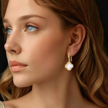 Imagem de Brincos dourados de trevo de quatro folhas – Joias hipoalergênicas para acessórios de moda, F, Aço inoxidável, Sem pedra preciosa