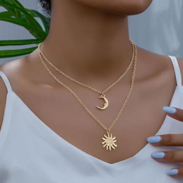 Imagem de 1 conjunto de colar feminino com sol e lua – Colar com pingente celestial combinando de ouro e prata, joia delicada em camadas para casais, irmãs, melhores amigas, uso diário