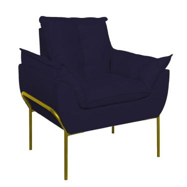 Imagem de Poltrona Sofá Luxo Base Metal Dourada Recepção Escritório Azul Marinho