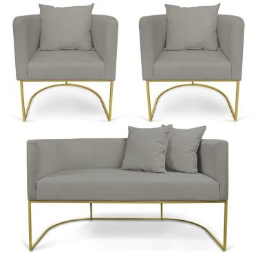 Imagem de Kit 01 Namoradeira 02 Lugares E 02 Poltronas Paola Linho Grafite A26 Base Metálica Dourado