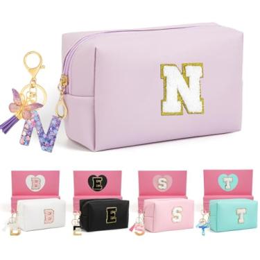 Imagem de AIBFRID 2 peças de bolsas de maquiagem iniciais para mulheres, presentes de aniversário para meninas de 10, 5, 6, 7, 8, 9, 10, 11 e 12 anos, bolsas de cosméticos de viagem, bolsa de maquiagem fofa