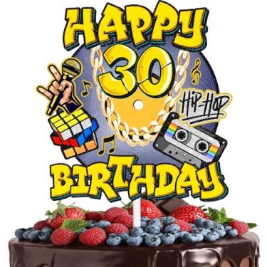 Imagem de Topo de bolo hip hop masculino e feminino 30º aniversário feliz retrô 70s 80s 90s decorações, festa de aniversário, festa de aniversário, fita cassete de festa de rock, suprimentos de decoração de