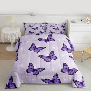 Imagem de Feelyou Jogo de cama solteiro com borboleta roxa, dente-de-leão, para crianças, meninos, lindas borboletas, floral, edredom para decoração de quarto, 2 peças com 1 fronha