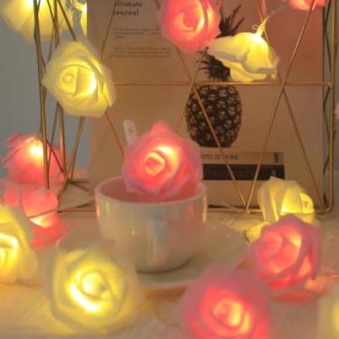 Imagem de Cordão de Luzes LED com 10 Rosas 1,5m – Luz Branca Quente Alimentada por Bateria – Decoração de Casamento, Quarto e Festa (Branco e rosa)