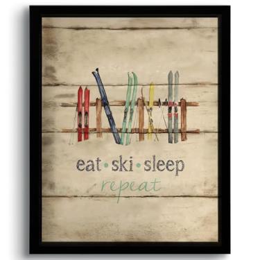 Imagem de PHAMTE Eat Sleep Ski Repeat Impressão de Arte Emoldurada Pôsteres Decorativos, Vintage Farmhouse Rústico Inverno Férias Esqui Trenós Imagens Arte Emoldurada para Quarto Sala de Estar Decoração de Casa