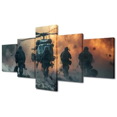 Imagem de Arte de parede em tela Covert Ops Silhouette Impressão em tela emoldurada de cinco painéis com soldados em movimento tático sob holofote de helicóptero com cena de ação militar de fumaça densa (127 cm