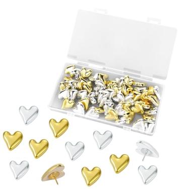 Imagem de 50un Alfinetes Pressão Formato Coração, Tachinhas Decorativas Fofas para Quadro Cortiça Quadro Avisos Parede Escritório Pôsteres Fotos Cartões Postais Mapas Fixação (Dourado + Prata)