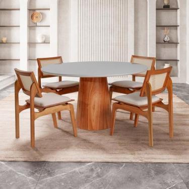 Imagem de Conjunto Mesa com 4 Cadeiras de Madeira Maciça Rattan Natural e Estofa