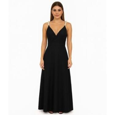 Imagem de Vestido FMF Longo Preto Alças com Detalhe em Pérolas Elegância e Conforto-Feminino