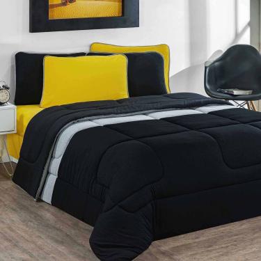 Imagem de Kit Edredom + Jogo De Lençol Malha 100% Algodão Urbano 7 Peças Queen - Preto/Mescla/Amarelo