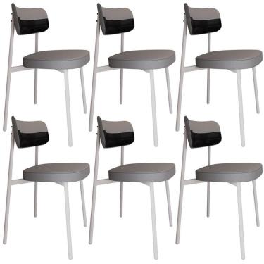Imagem de Kit 06 Cadeiras Estofada Para Sala De Jantar Astrid Branco C01 Linho Cinza Courino Preto - Lyam Decor