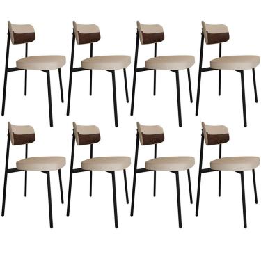 Imagem de Kit 08 Cadeiras Estofada Para Sala De Jantar Astrid Preto C01 Linho Areia Courino Whisky - Lyam Decor