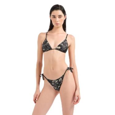Imagem de Emporio Armani Conjunto de biquíni feminino padrão triangular, top e calcinha de corda, preto/amêndoa chique, Preto/amêndoa chique, P
