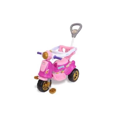 Imagem de Triciclo Infantil com Pedal e Haste Removível, Plástico Rosa, Assento Ergonômico, Buzina, Cinto de Segurança, 94,5x92cm, para Crianças a partir de 12 Meses, Suporta até 30kg