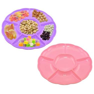 Imagem de CAOXIAOXUYAO Bandejas redondas de plástico de 30,5 cm com 2 unidades, 6 pratos secionais para servir pratos de comida para doces, nozes, vegetais, frutas, ação de graças (2, rosa, roxo)