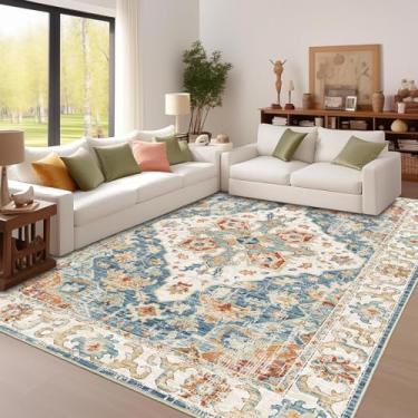 Imagem de Enkor Tapetes macios de área, 22 x 30,5 cm, lavável, antiderrapante, boho, para sala de estar, quarto, estilo vintage, tapete de casa de fazenda para entrada de cozinha, laranja e azul