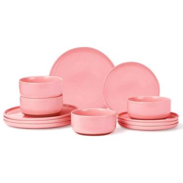 Imagem de GZG Conjunto de pratos e tigelas, conjunto de 12 peças de louça de cerâmica moderno para 4, conjunto de pratos de cozinha e jantar, conjunto de louça de grés, seguro para micro-ondas e lava-louças
