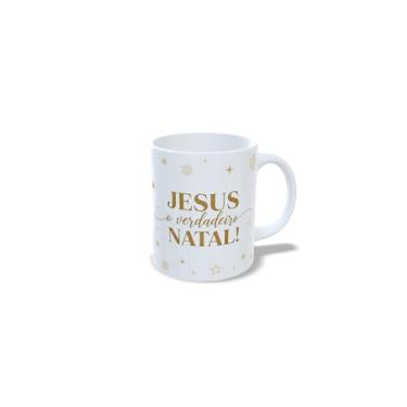 Imagem de Caneca Natalina de Cerâmica, Sagrada Família, Branca, 325ml, com Mensagem sobre o natal, e imagens de Jesus, Maria e José (23179)