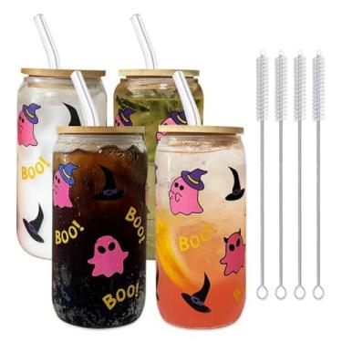 Imagem de anabox Copos de vidro que mudam de cor - Copo de copos com tampas de bambu e canudos, copo de vidro de 473 ml para café gelado, suco de chá, bebidas frias/quentes, copo de bebida com estampa de
