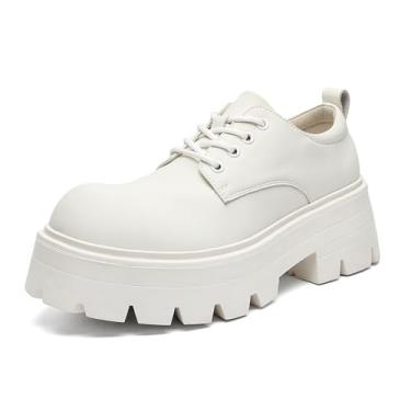 Imagem de Sapato Oxford masculino plataforma de couro – sapatos clássicos de bico redondo com cadarço – confortável antiderrapante sola de salto grosso, sapatos Derby elevados, Branco, 40