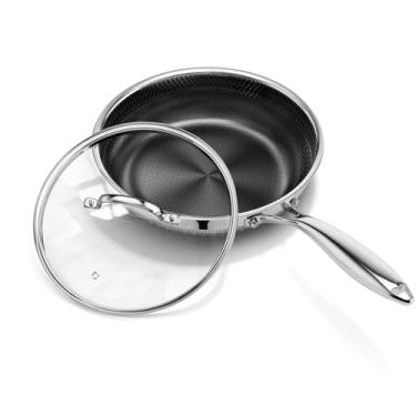 Imagem de Frigideira antiaderente de 20 cm com tampa, frigideira antiaderente de aço inoxidável de cerâmica de titânio com tampa, frigideira híbrida pequena, frigideira de ovo de indução saudável com alça para