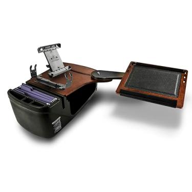 Imagem de AutoExec AE-RDBSLH-PS-TAB-21M Reach Car Desk para sua estação de trabalho de veículo e escritório móvel, banco traseiro lado esquerdo, mogno com suporte de impressora e suporte para tablet