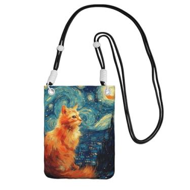 Imagem de LILYDIARY Bolsa transversal para celular para meninas e mulheres, alça preta, material de poliéster, alça de ombro ajustável e removível, estampa de gato laranja noite estrelada