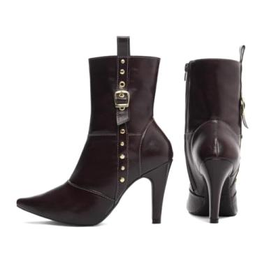 Imagem de BOTA BICO FINO FEMENINA TORRICELLA MARROM CAFÉ, ZÍPER NA COR MARROM CAFÉ FIVELA E APLQUE DOURADO, NÚMERO 38
