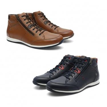 Imagem de Kit 2 Pares Sapatênis Masculino Couro Legítimo Cano Alto Venture com Zíper Lateral (Avelã e Azul, BR, Adulto, Numérico, 37)