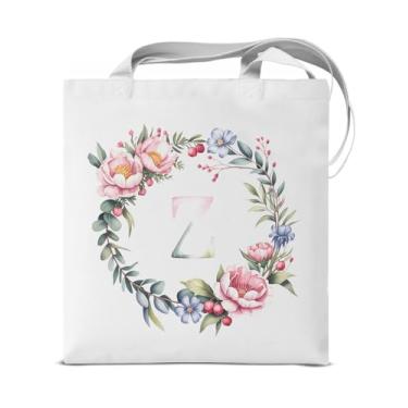 Imagem de KSFFWQIN Sacola de lona inicial Z para mulheres, meninas, presentes com monograma, floral, letra Z, personalizada, reutilizável, mercearia, bolsa de ombro para compras, praia, viagens, trabalho