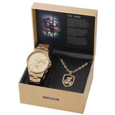Imagem de Kit Relógio Dourado Seculus Masculino São Jorge 44009GPSKDA1-Masculino