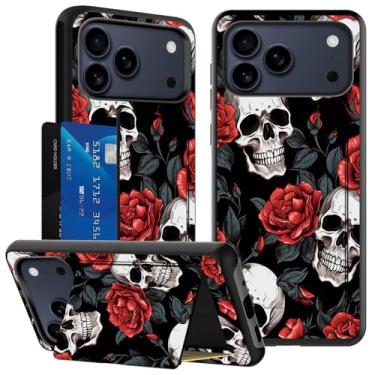 Imagem de ACWDMKH Capa para iPhone 17 Pro Max com suporte para cartão e suporte, carteira fina de camada dupla híbrida TPU rígido PC à prova de choque resistente resistente capa protetora para mulheres