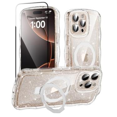 Imagem de MIODIK Capa para iPhone 16 Pro Max com protetor de tela, suporte integrado sem costura e proteção de câmera atualizada, [compatível com MagSafe] Capa de celular transparente com glitter - transparente