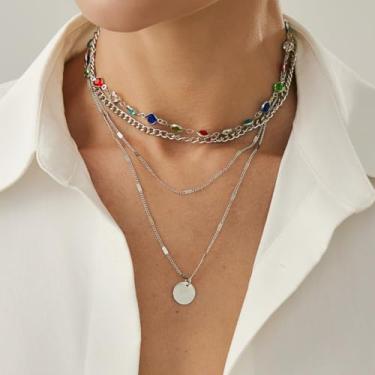 Imagem de Colar em camadas longo Lariat colorido para mulheres, colares prateados, presentes de amizade, joias, Medium, Latão, Sem Pedra Preciosa