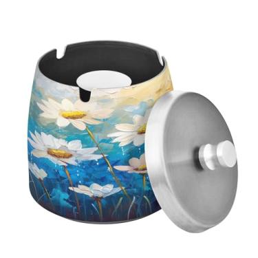 Imagem de Blueangle Cinzeiro de pintura a óleo margaridas com tampa para cigarros, à prova de vento/à prova de chuva, aço inoxidável, sem fumaça, inodoro, cinzeiro para uso interno ou externo (276)